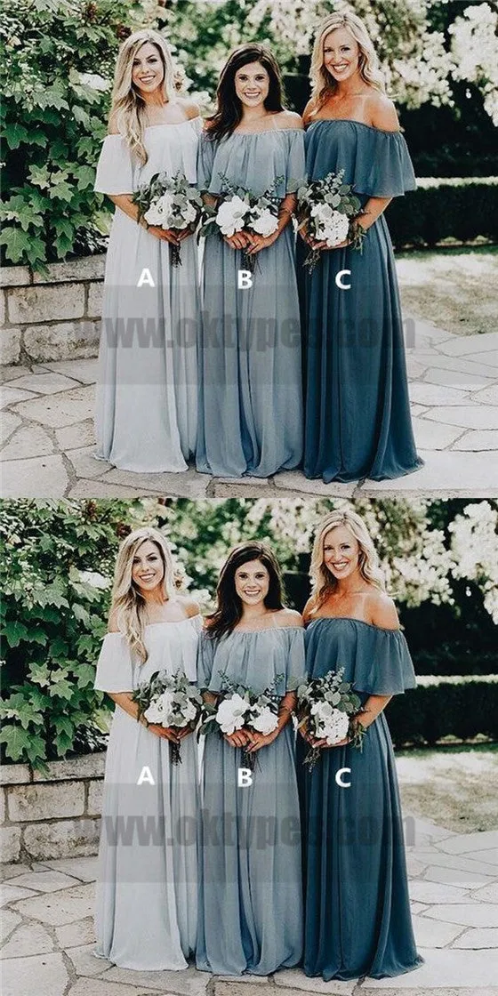 Cheap Off Shoulder Chiffon Custom Long Bridesmaid Dresses, TYP0771