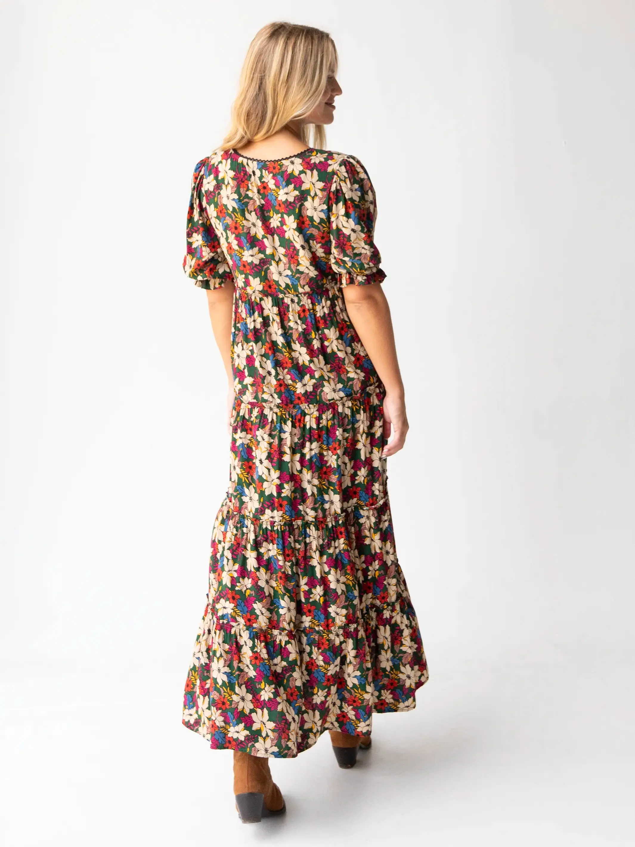 Collette Tiered Maxi Dress - Green White Lilies