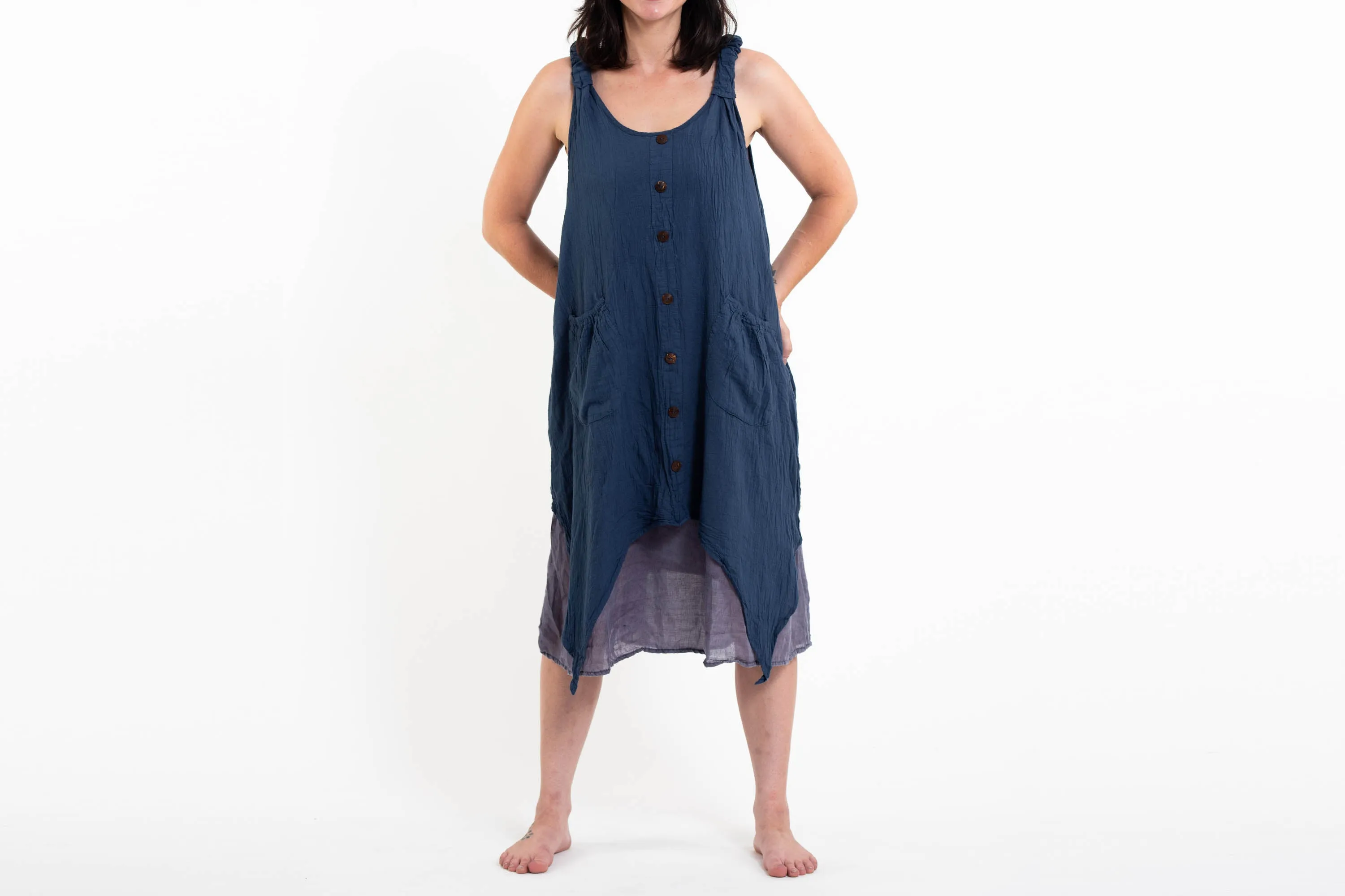 Crinkled Hill Tribe Cotton Tank Dress in Navy