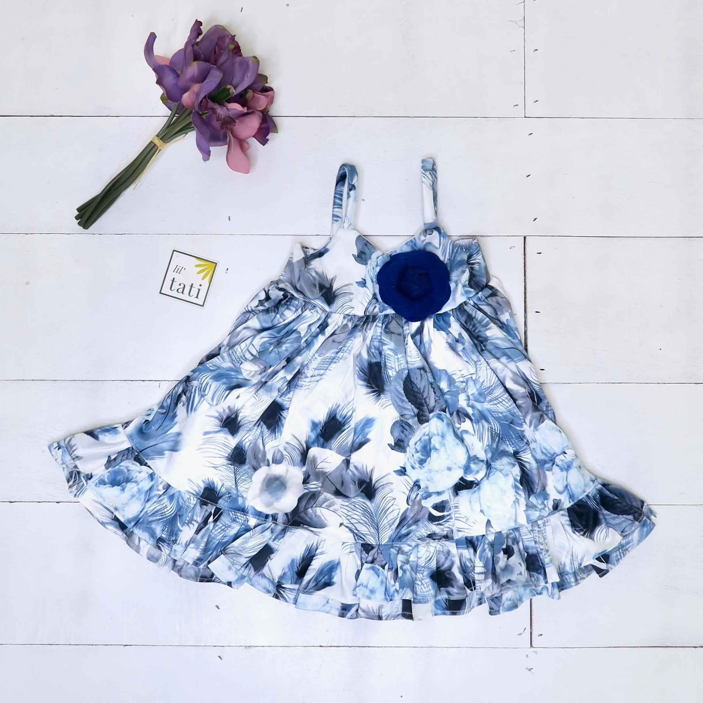 Dahlia Dress in Blue Feather Sateen Print