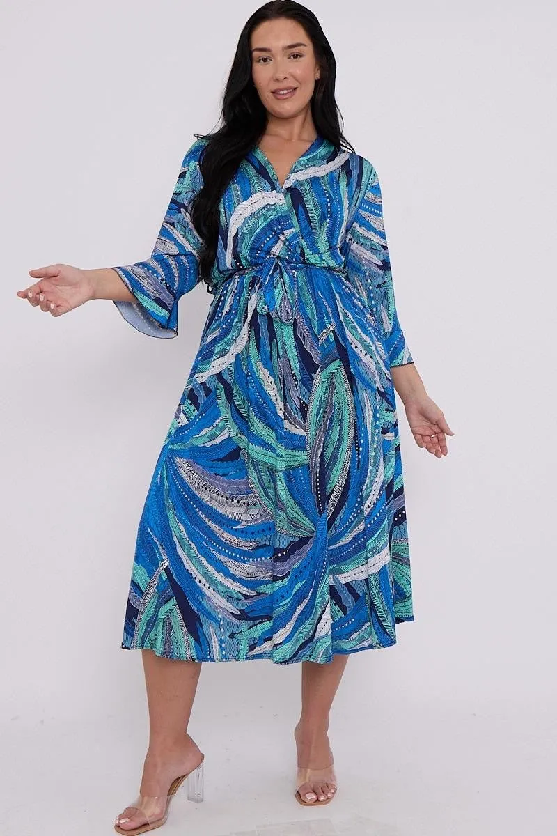 Dani Faux Wrap Dress in Blue Feather