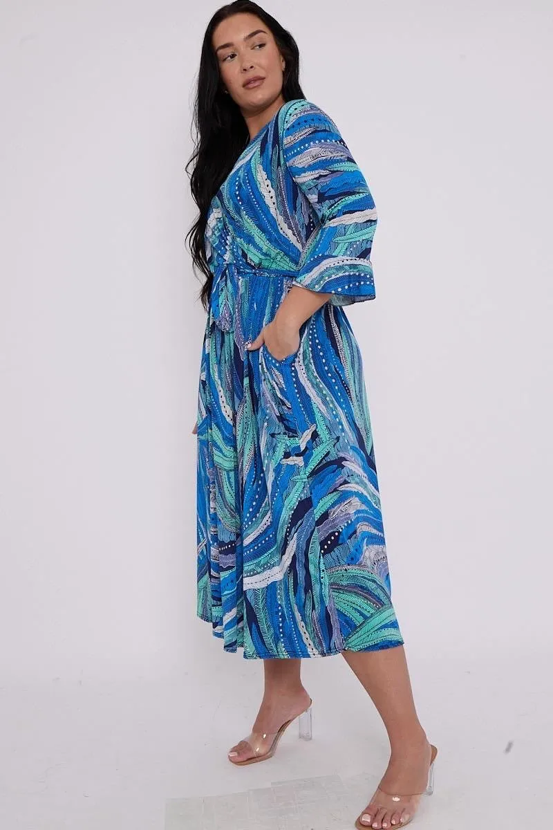 Dani Faux Wrap Dress in Blue Feather