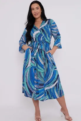 Dani Faux Wrap Dress in Blue Feather