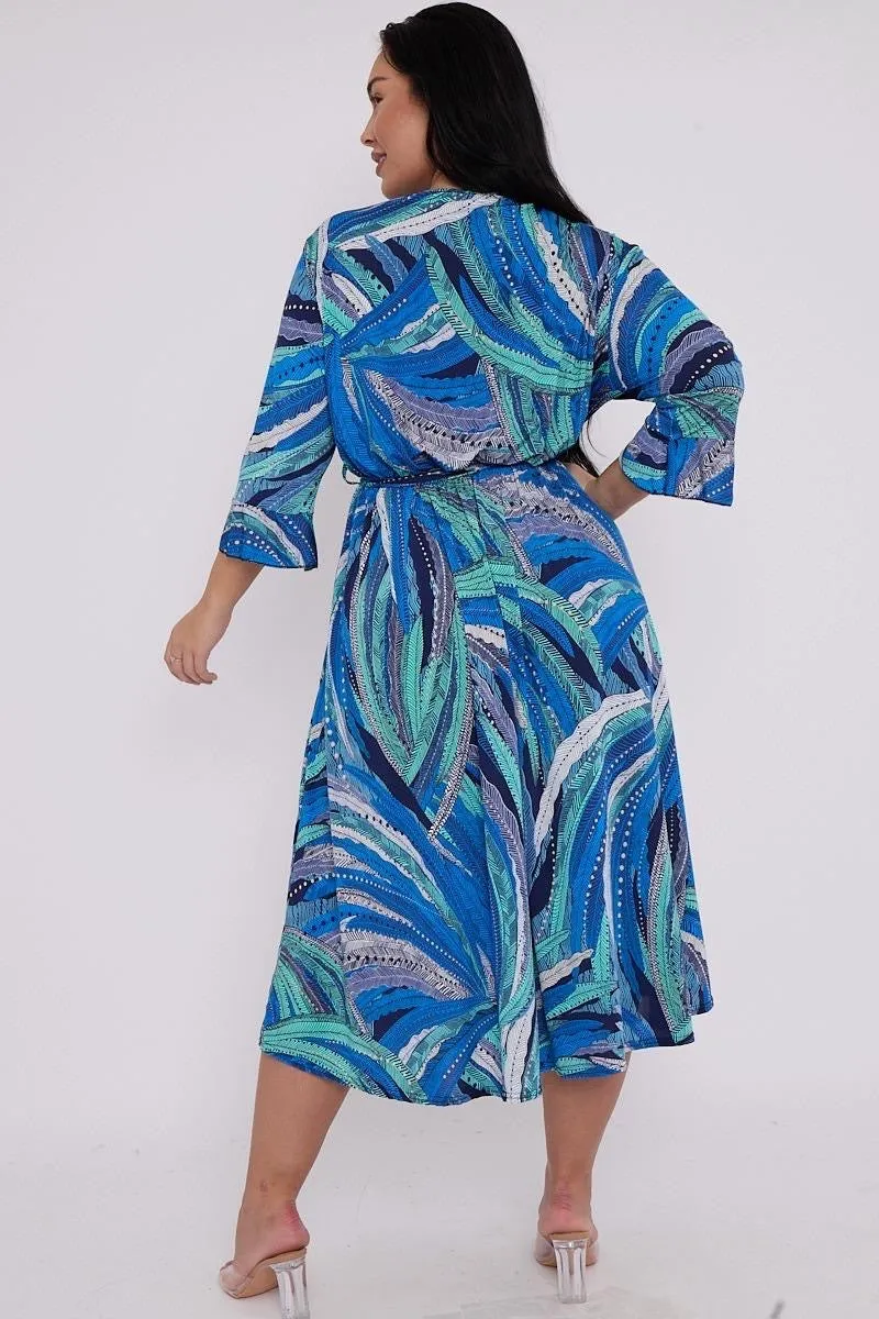 Dani Faux Wrap Dress in Blue Feather