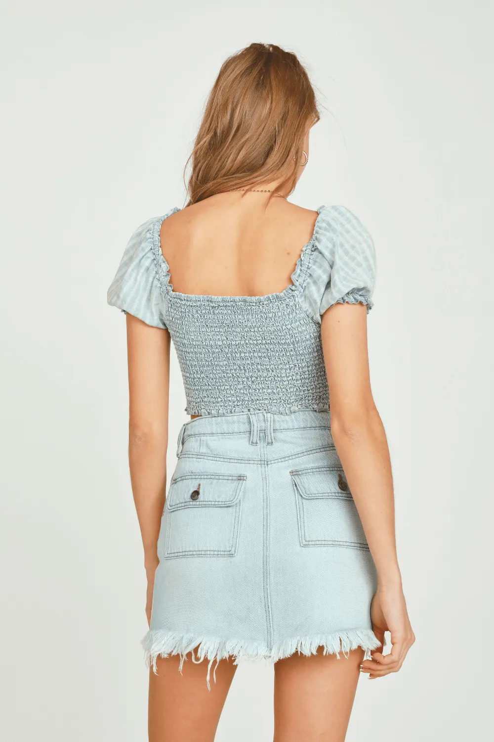 Denim W/ Ivory Dobby Ripstop Smocked Waist Top