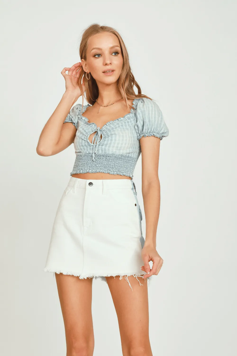 Denim W/ Ivory Dobby Ripstop Smocked Waist Top