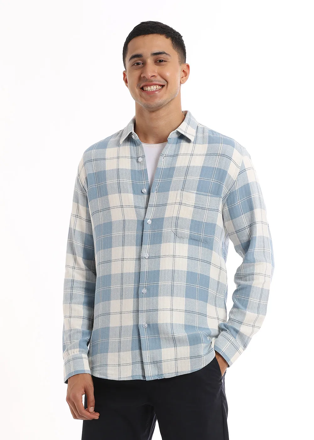 Stylish Dobby Pigeon Blue Checked Shirt for Men – Casual Lightweight Cotton with Button Down Collar