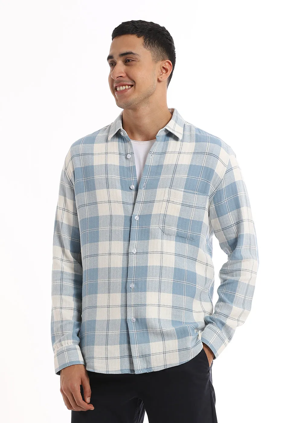 Stylish Dobby Pigeon Blue Checked Shirt for Men – Casual Lightweight Cotton with Button Down Collar