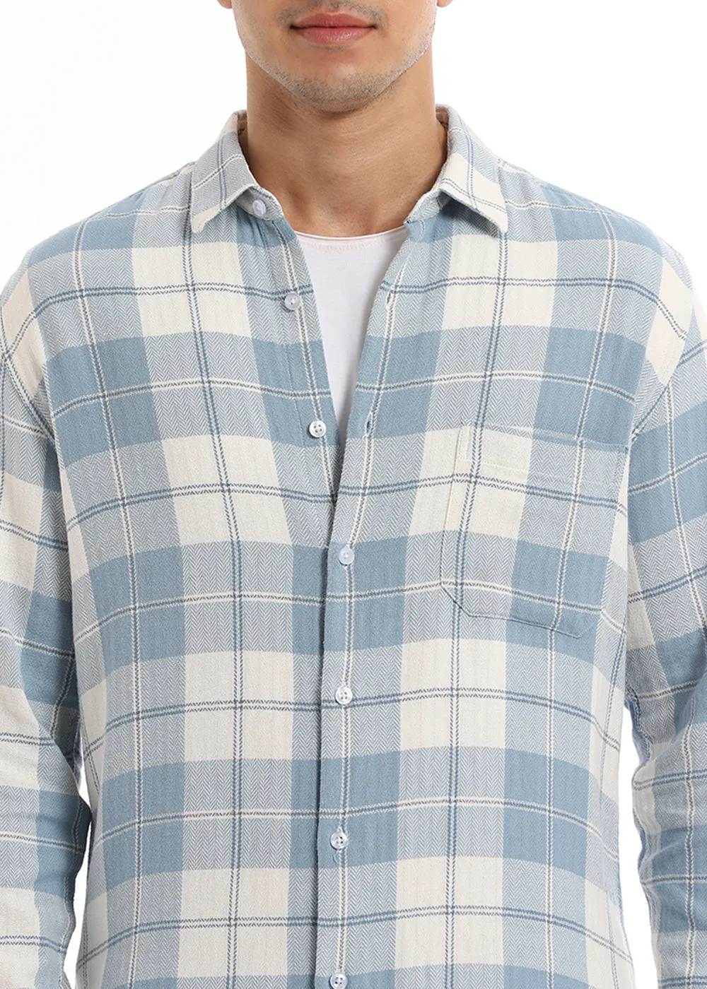 Stylish Dobby Pigeon Blue Checked Shirt for Men – Casual Lightweight Cotton with Button Down Collar