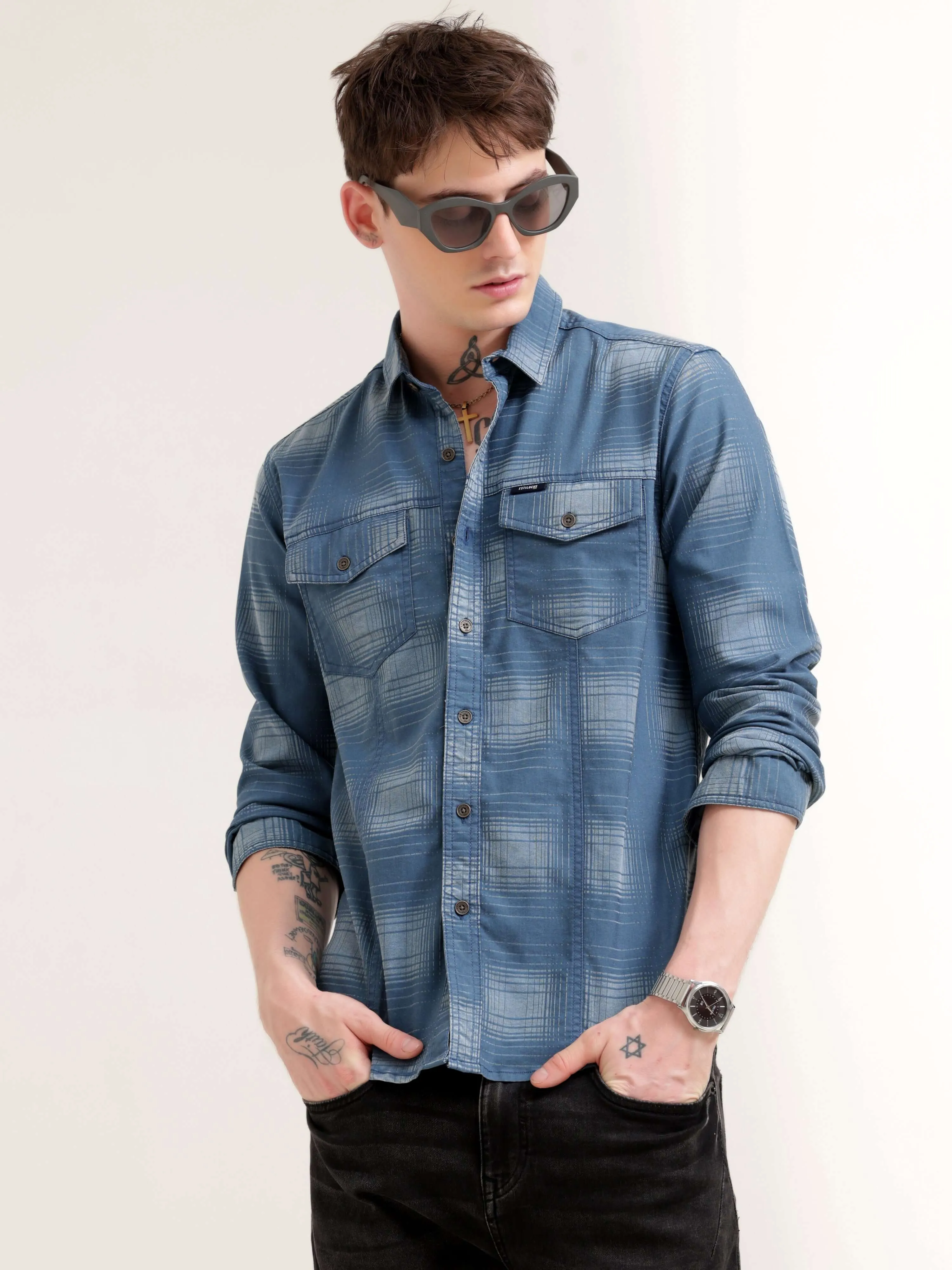 Dusky blue over dyed check shirt