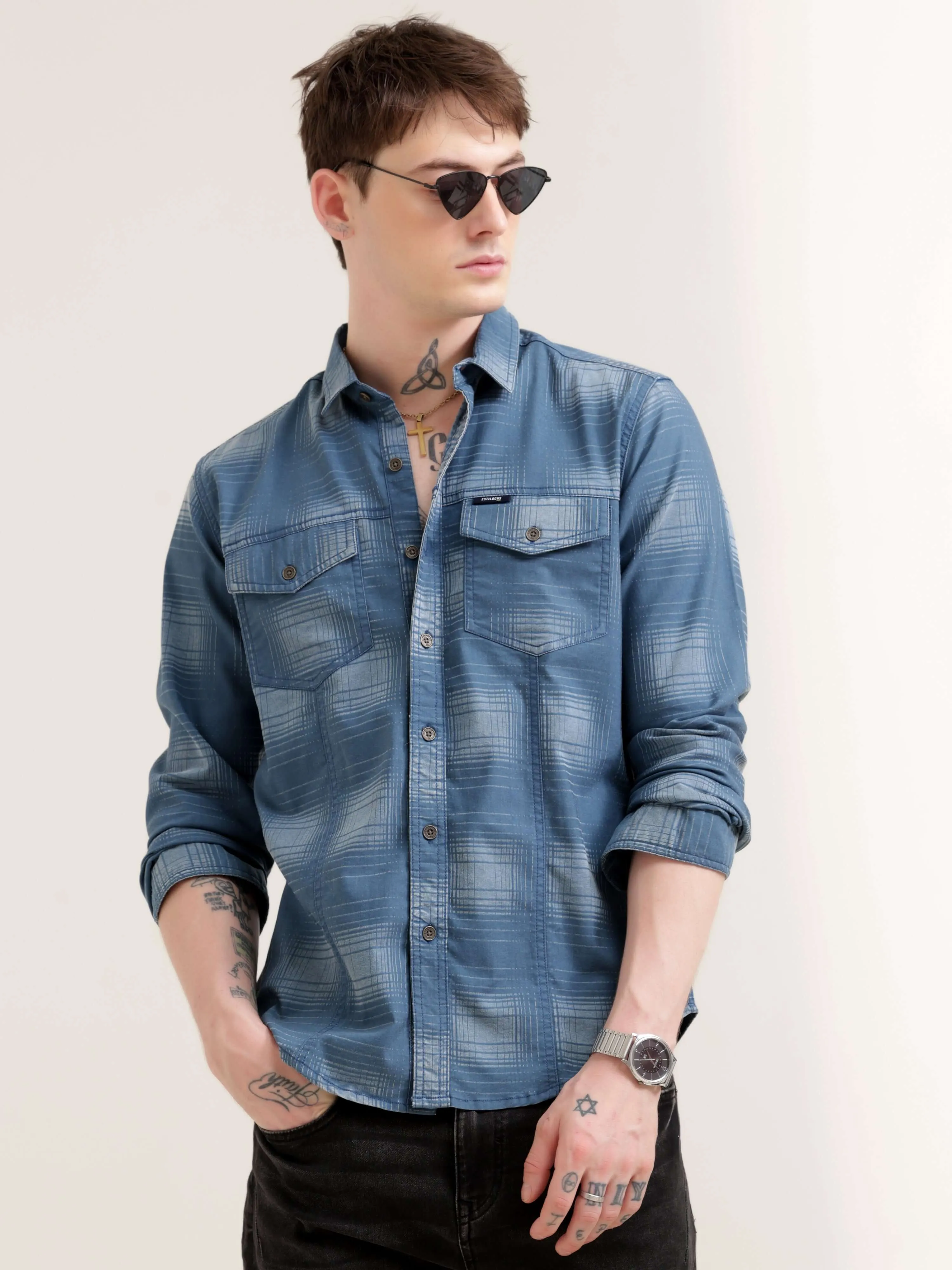 Dusky blue over dyed check shirt