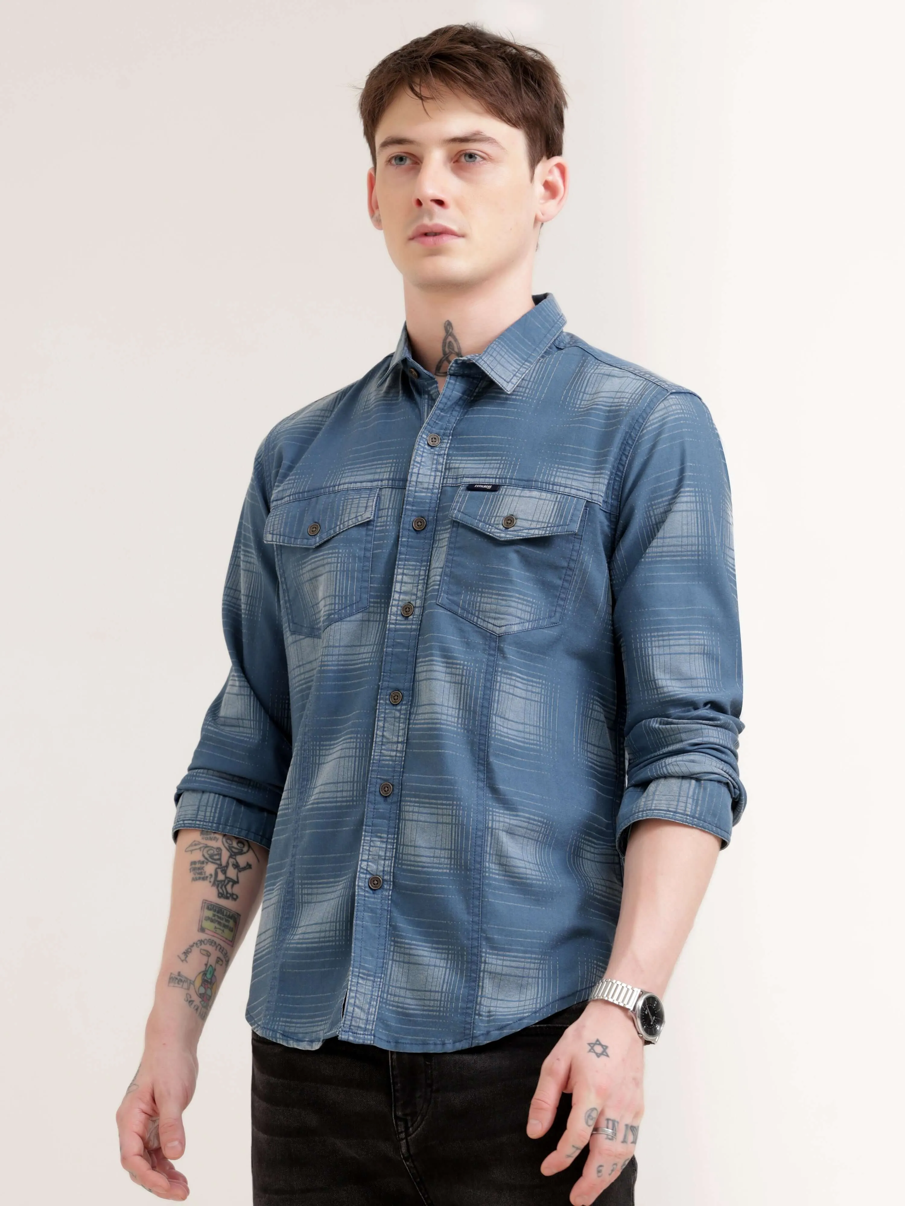 Dusky blue over dyed check shirt