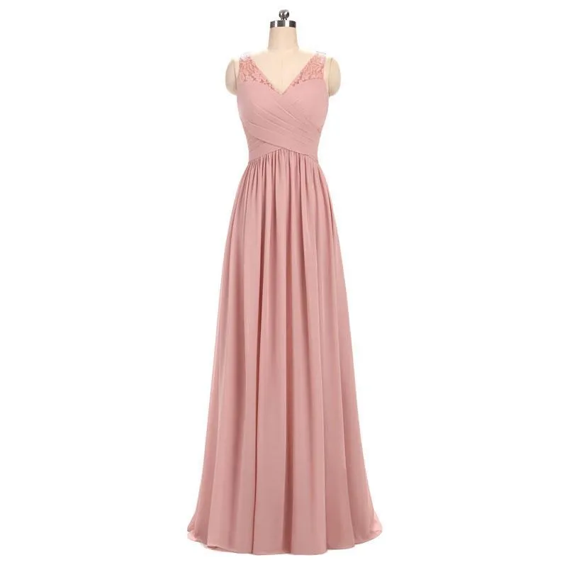 Dusty Pink V Neck Lace Straps Long Chiffon Cheap Bridesmaid Dresses Online, WGY0230