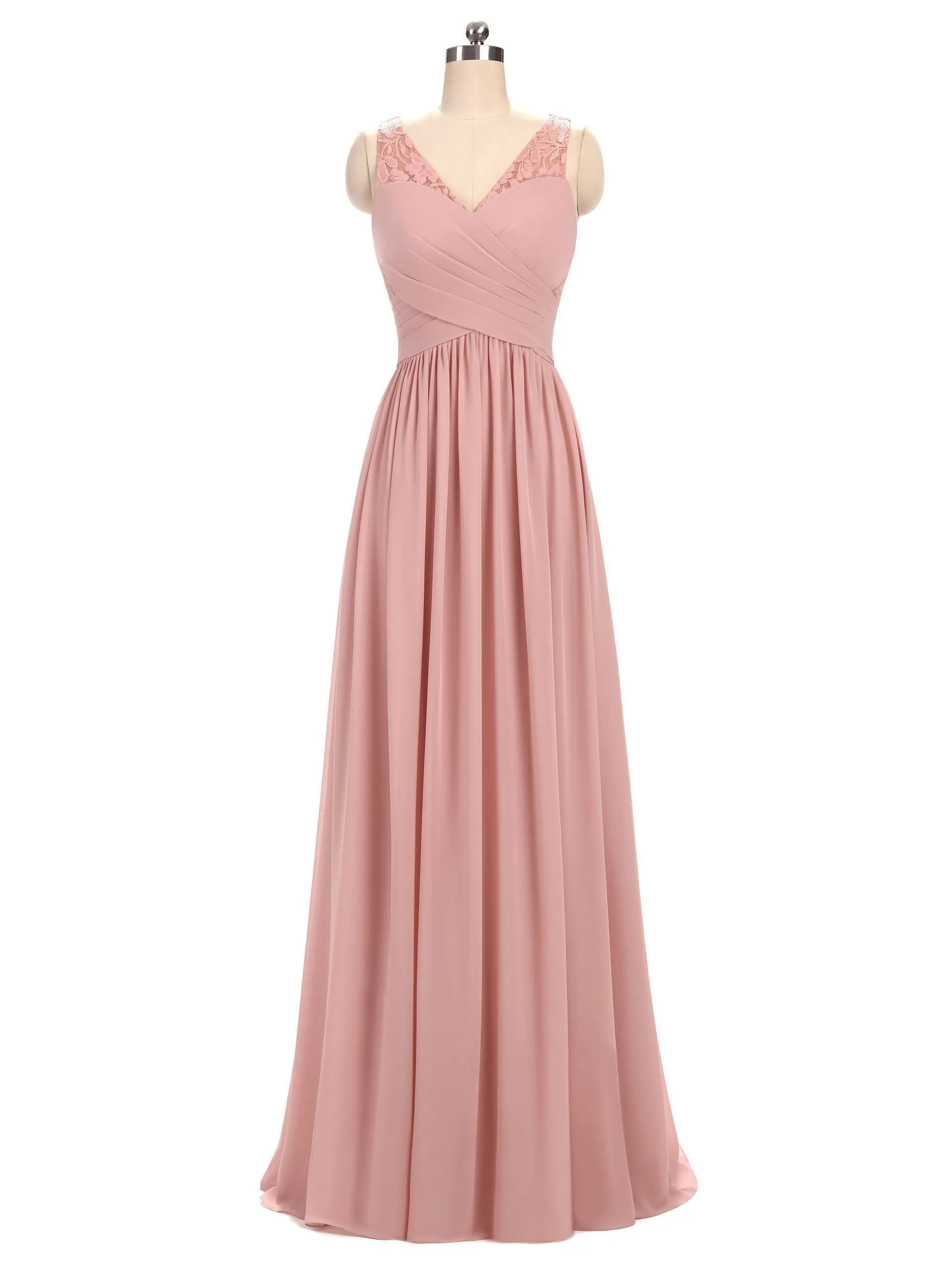 Dusty Pink V Neck Lace Straps Long Chiffon Cheap Bridesmaid Dresses Online, WGY0230