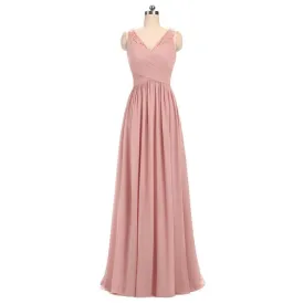 Dusty Pink V Neck Lace Straps Long Chiffon Cheap Bridesmaid Dresses Online, WGY0230