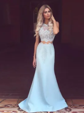 Elegant Charming Light Blue Lace Two Pieces Mermaid Long Prom Dresses