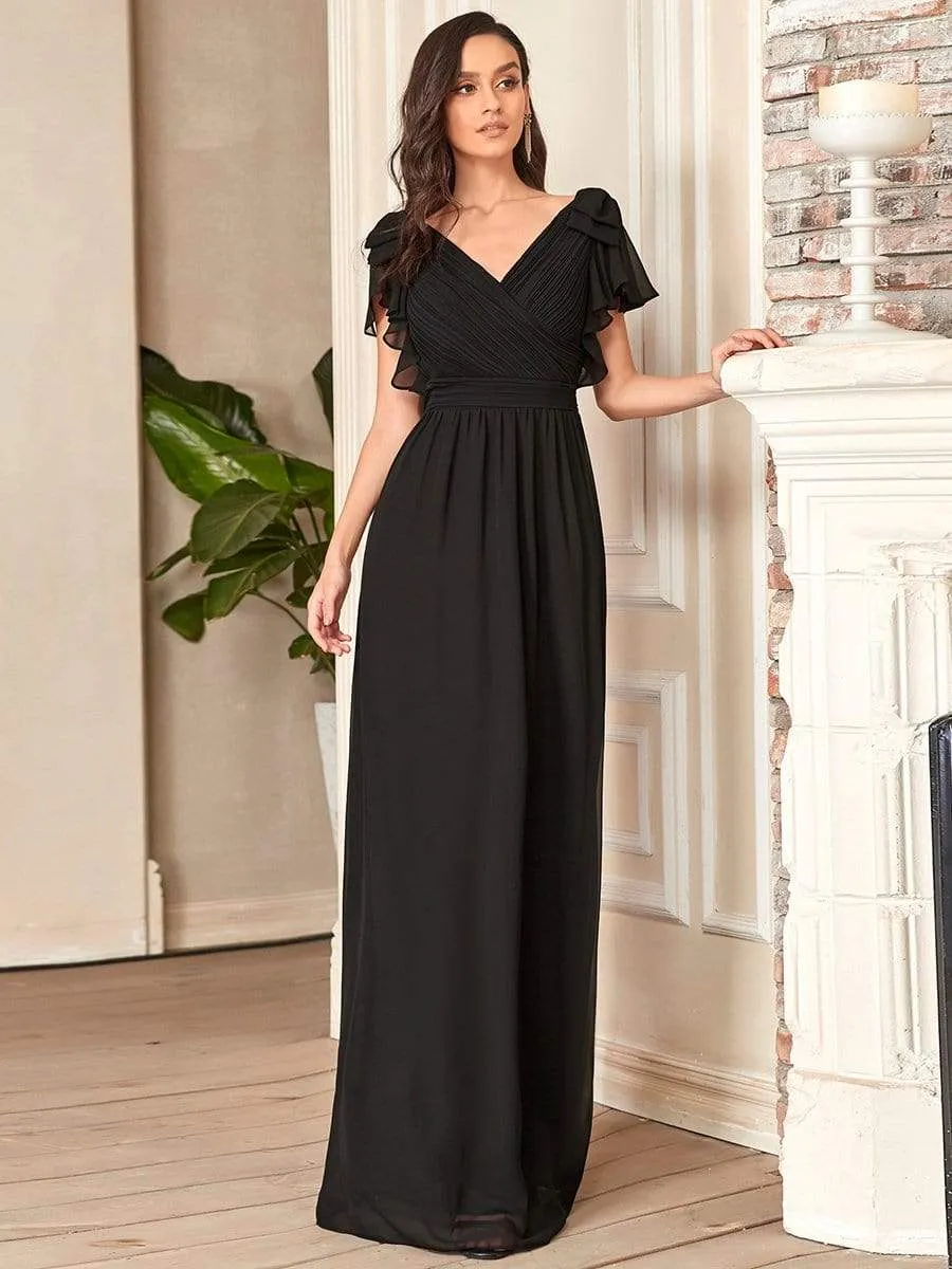 Elegant Pleated Bodice Ruffles Sleeves Chiffon Evening Dress