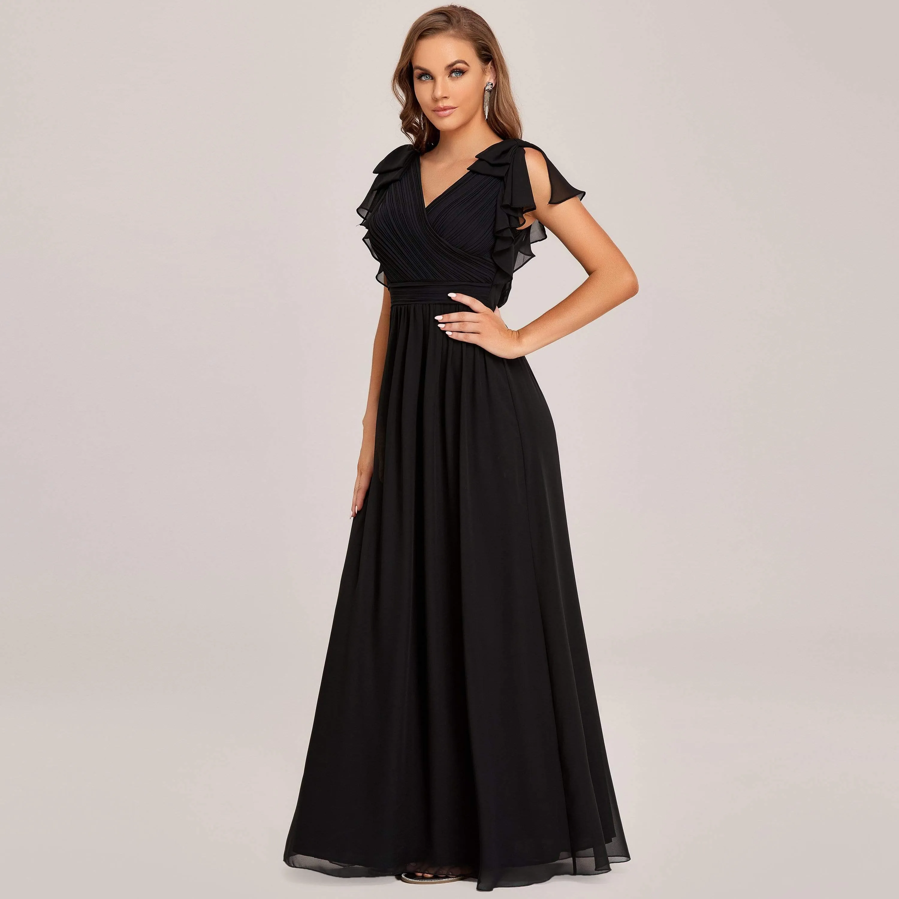 Elegant Pleated Bodice Ruffles Sleeves Chiffon Evening Dress