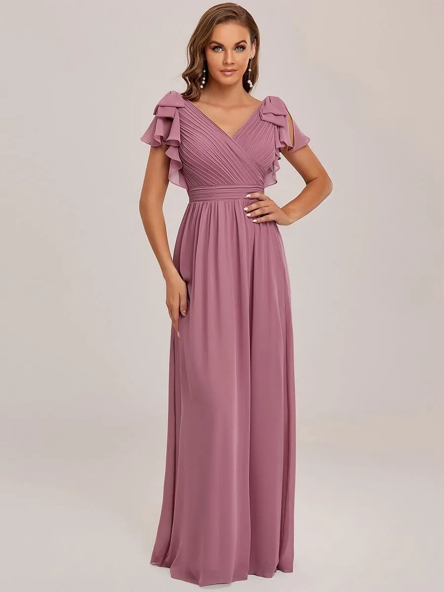 Elegant Pleated Bodice Ruffles Sleeves Chiffon Evening Dress