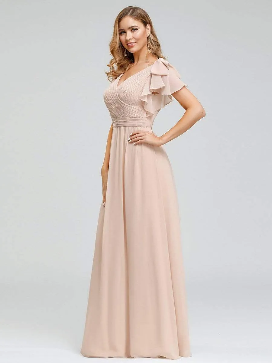 Elegant Pleated Bodice Ruffles Sleeves Chiffon Evening Dress