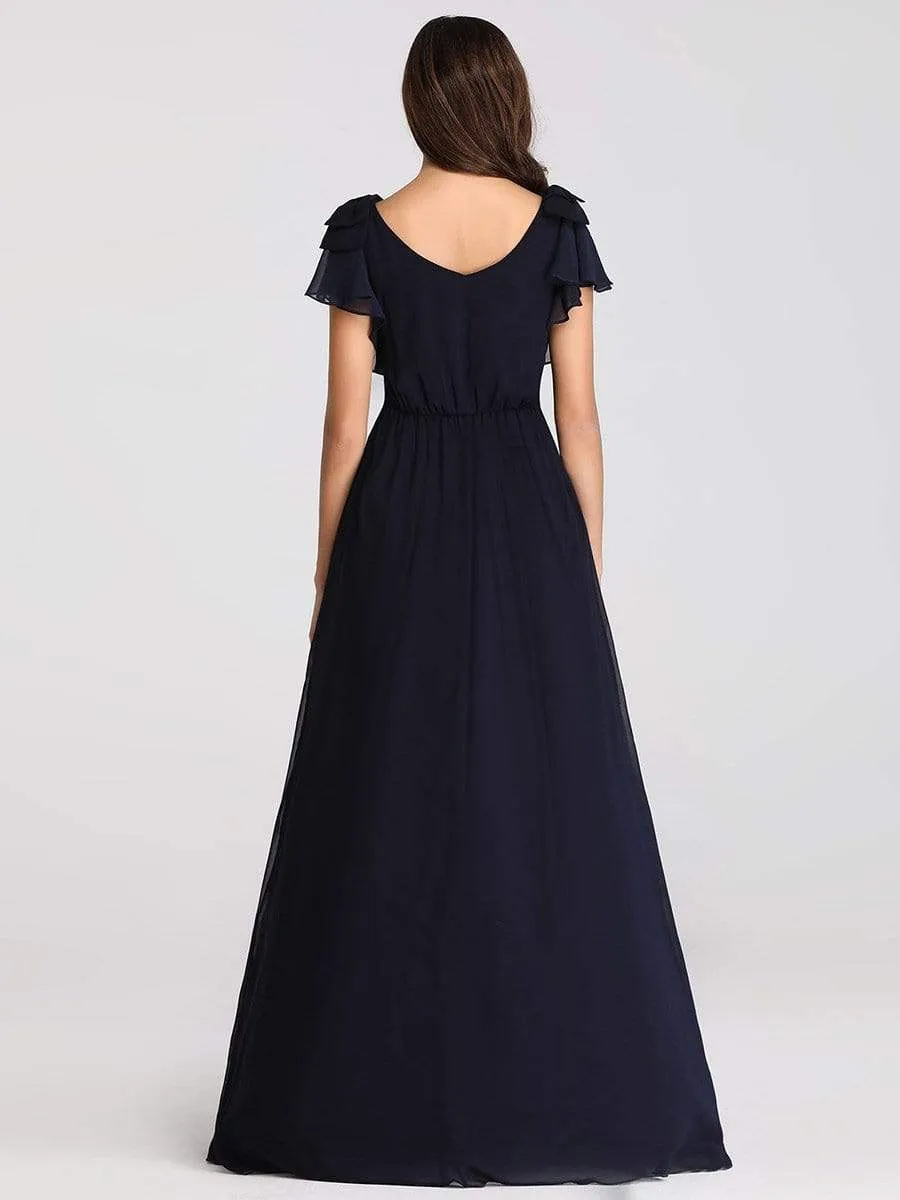 Elegant Pleated Bodice Ruffles Sleeves Chiffon Evening Dress