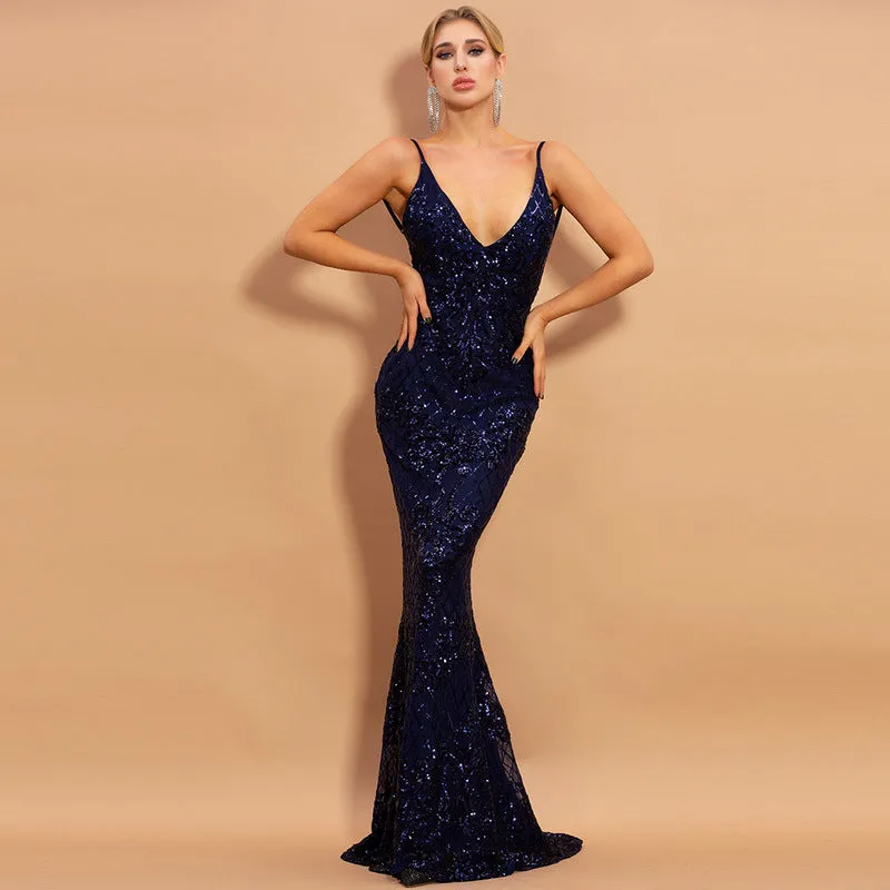 elegant sequins solid high waist slim maxi dress