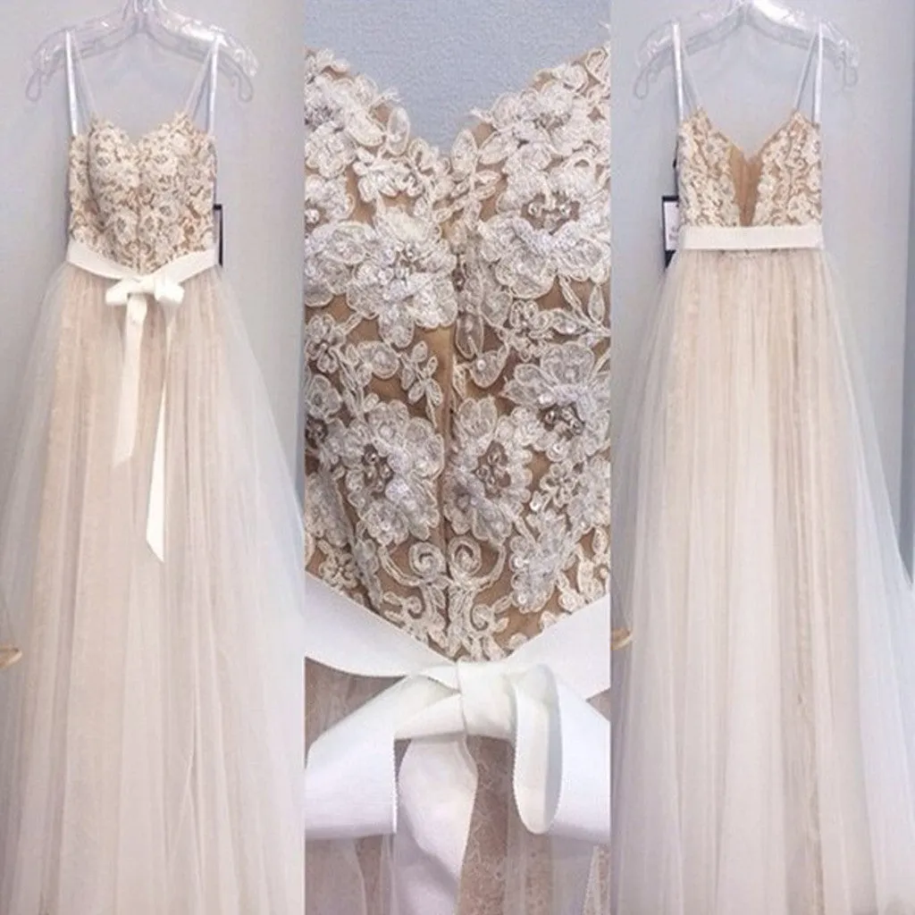 Elegant Spaghetti Straps Appliques Sequins High Waist With Sash A-line Long Prom Dresses. AB1082