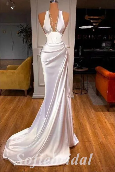 Elegant White Satin V-Neck Mermaid Long Prom Dresses,SFPD0676