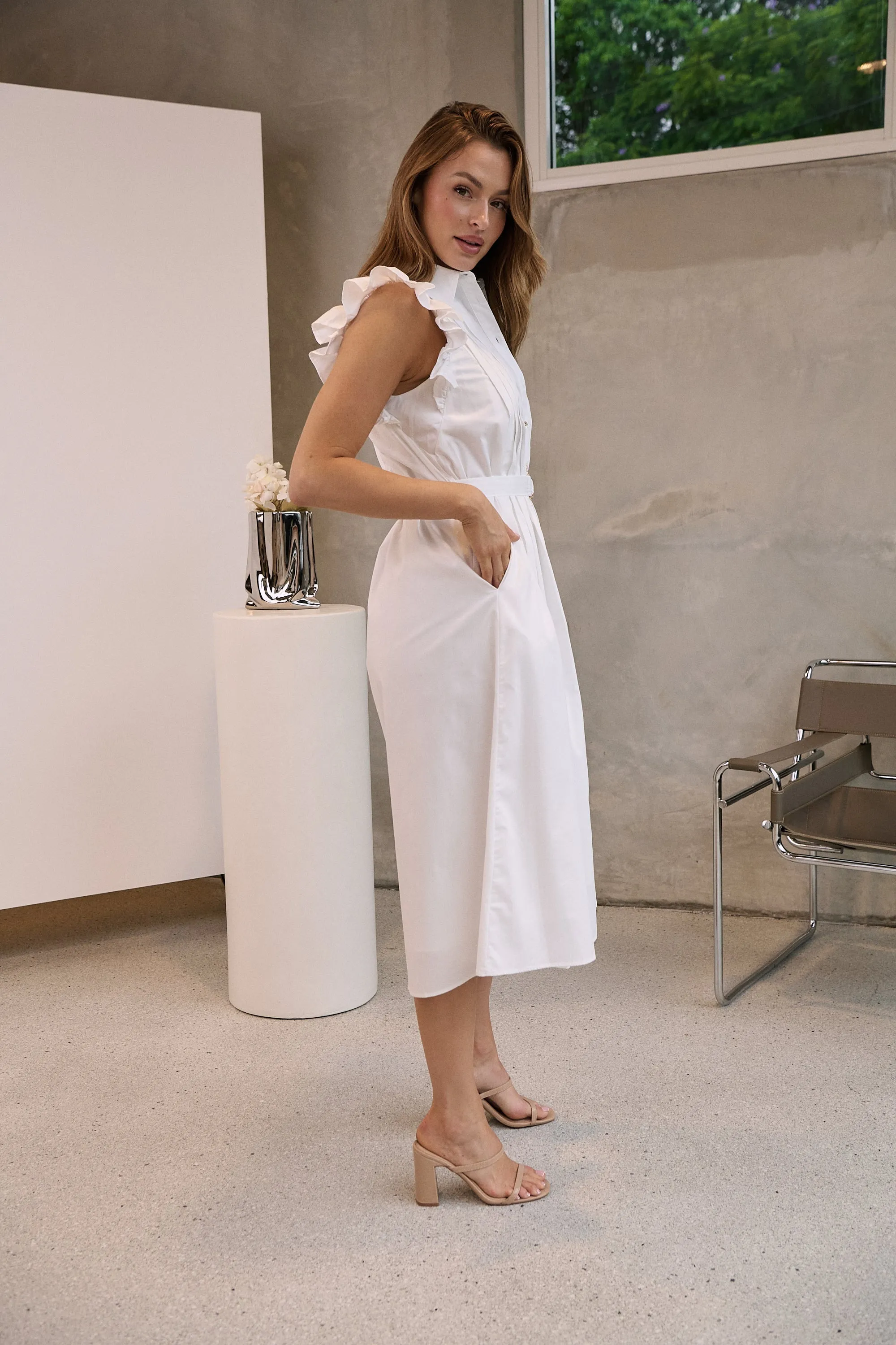 Estelle White Collared Frill Sleeve Pleated Midi Dress