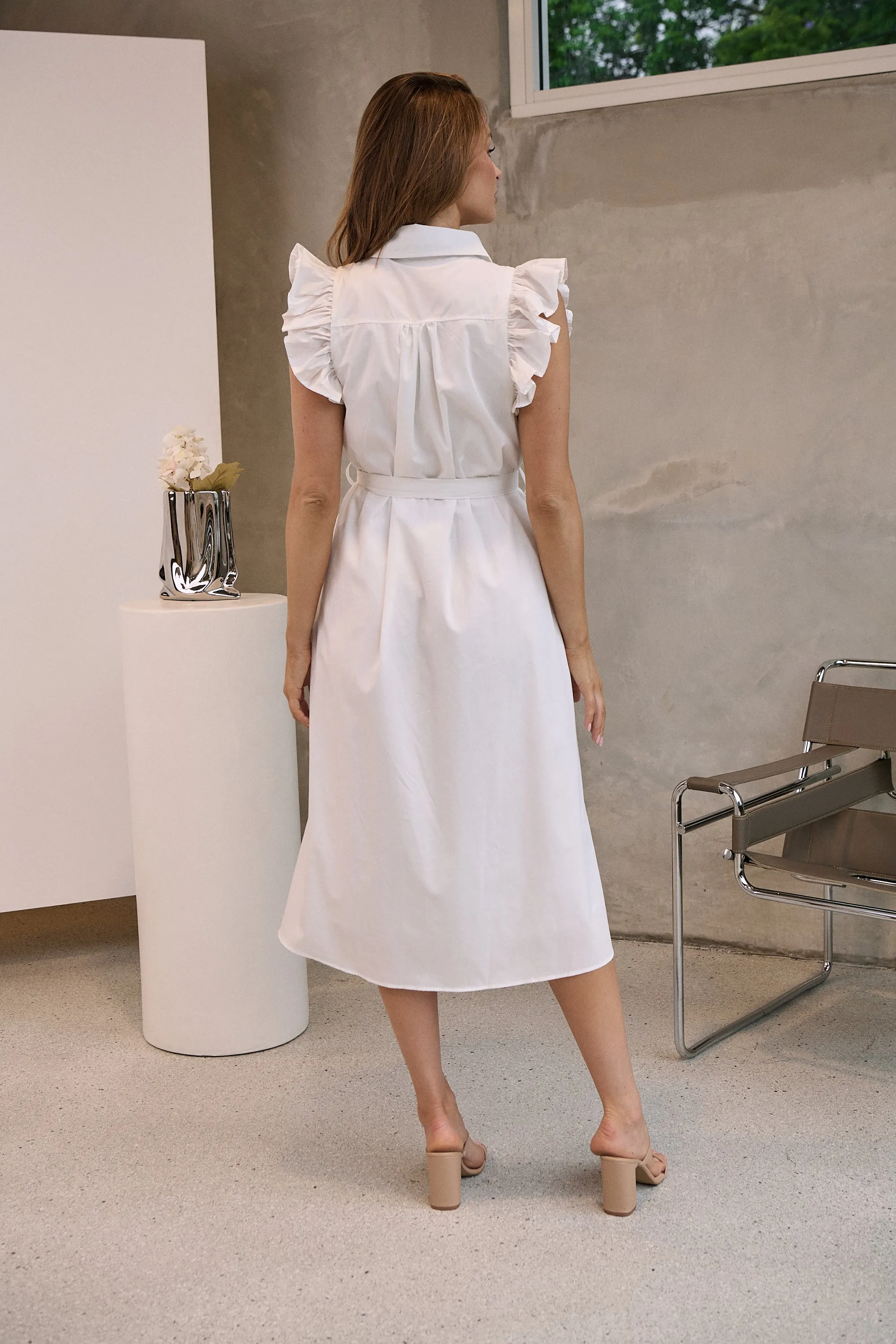 Estelle White Collared Frill Sleeve Pleated Midi Dress