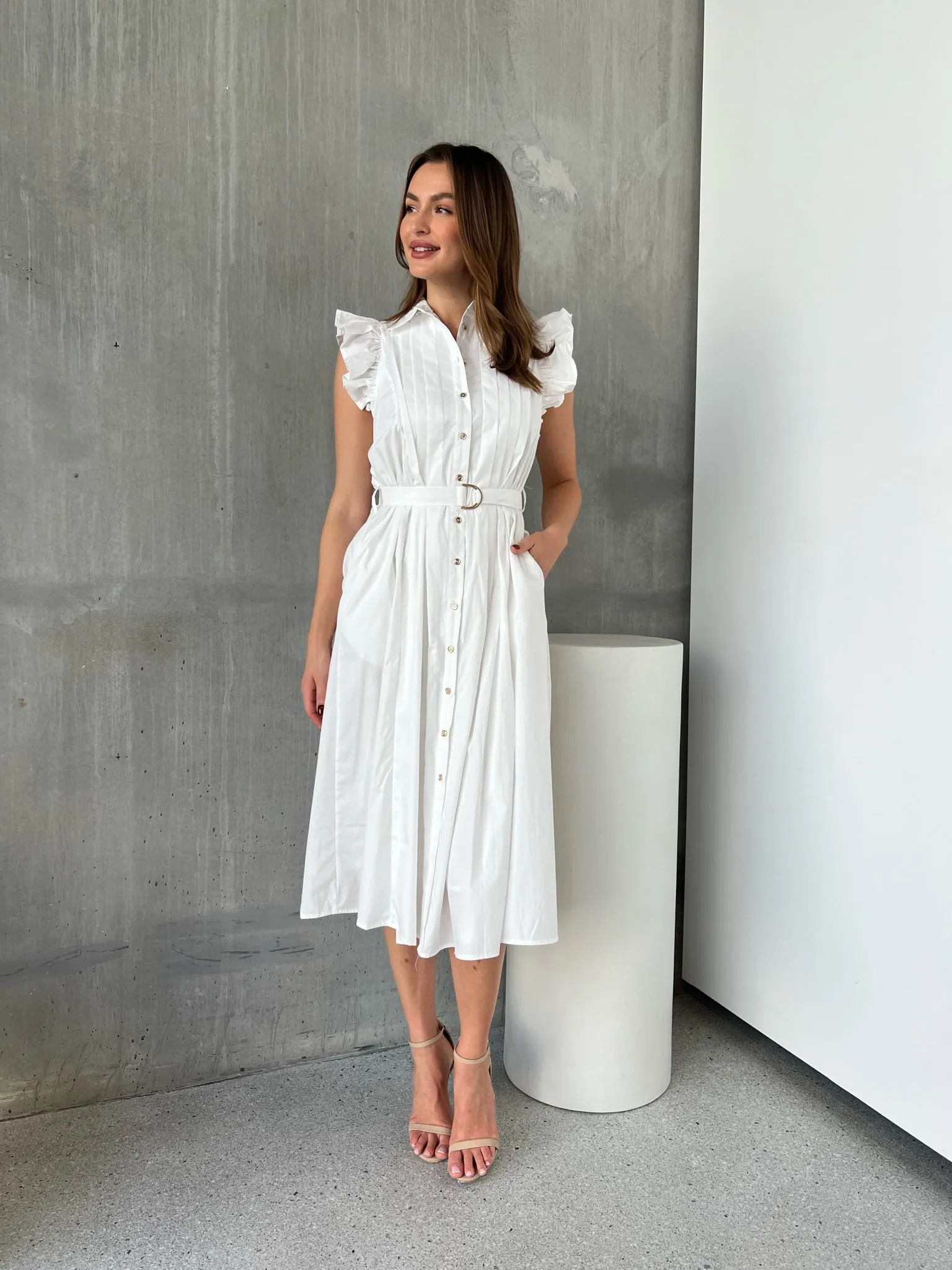 Estelle White Collared Frill Sleeve Pleated Midi Dress