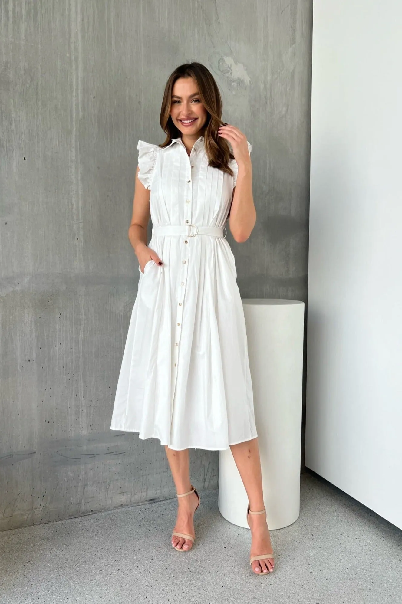 Estelle White Collared Frill Sleeve Pleated Midi Dress