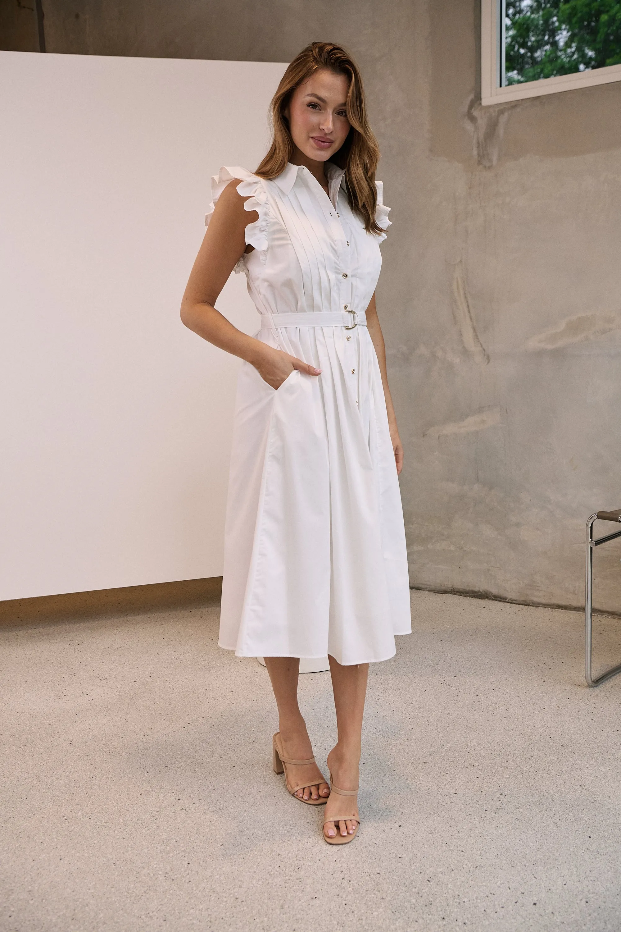 Estelle White Collared Frill Sleeve Pleated Midi Dress