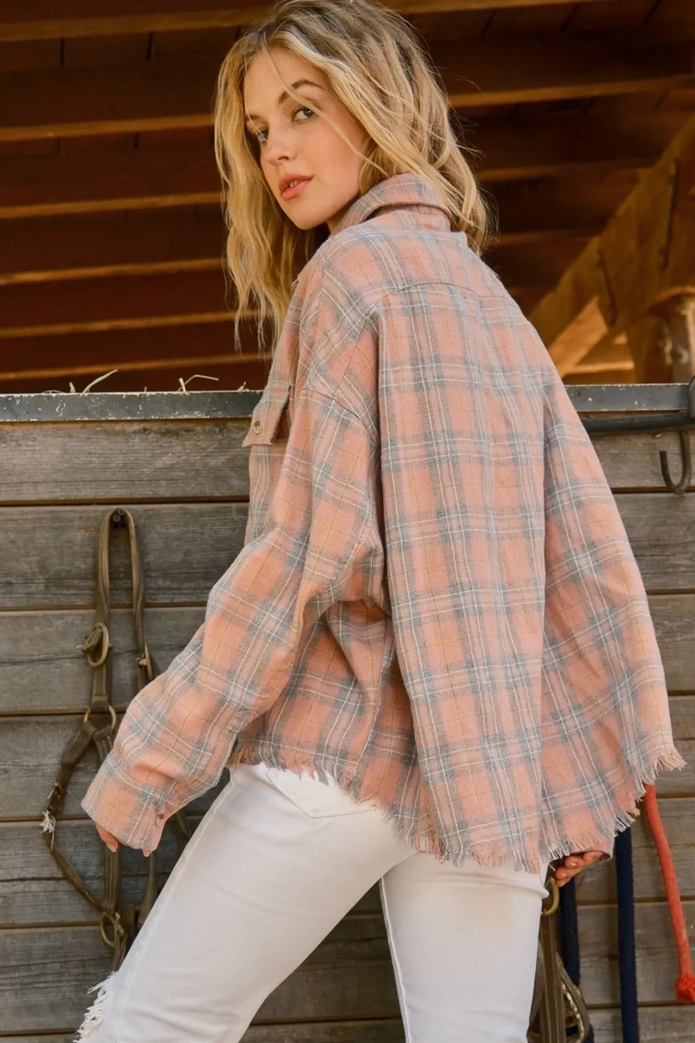 Explore More Collection - And The Why Full Size Plaid Button Up Raw Hem Shirt