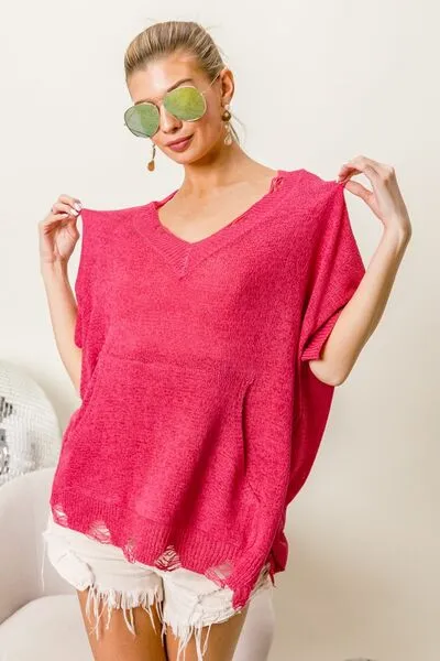 Explore More Collection - BiBi Distressed Hem V-Neck Slit Sweater