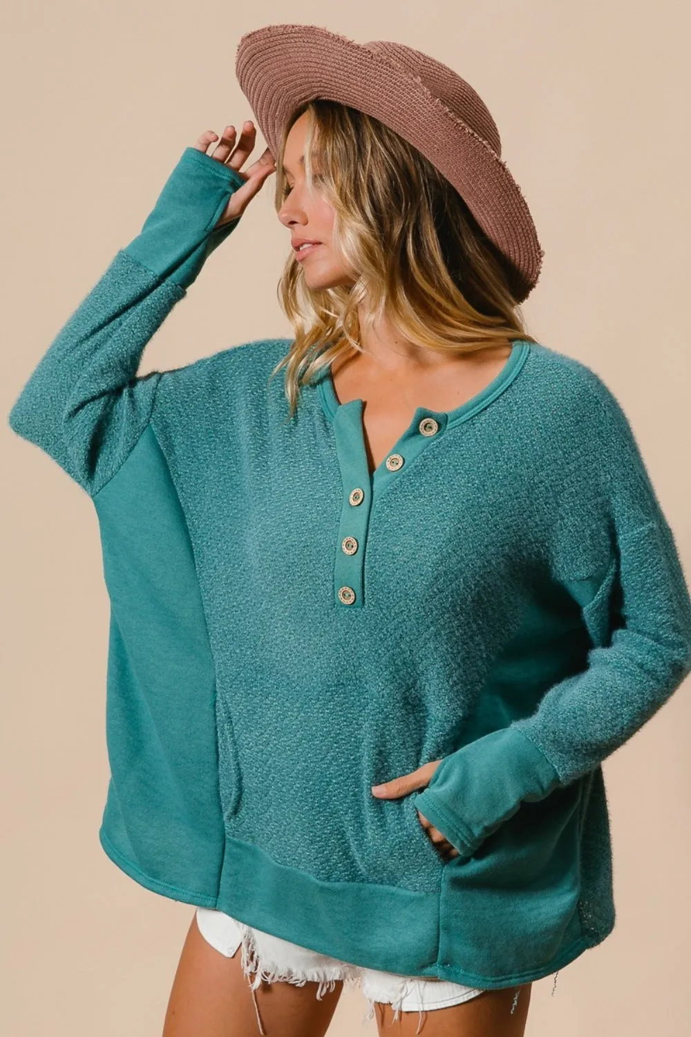 Explore More Collection - BiBi Thumb Opening Long Sleeve Top with Kangaroo Pocket