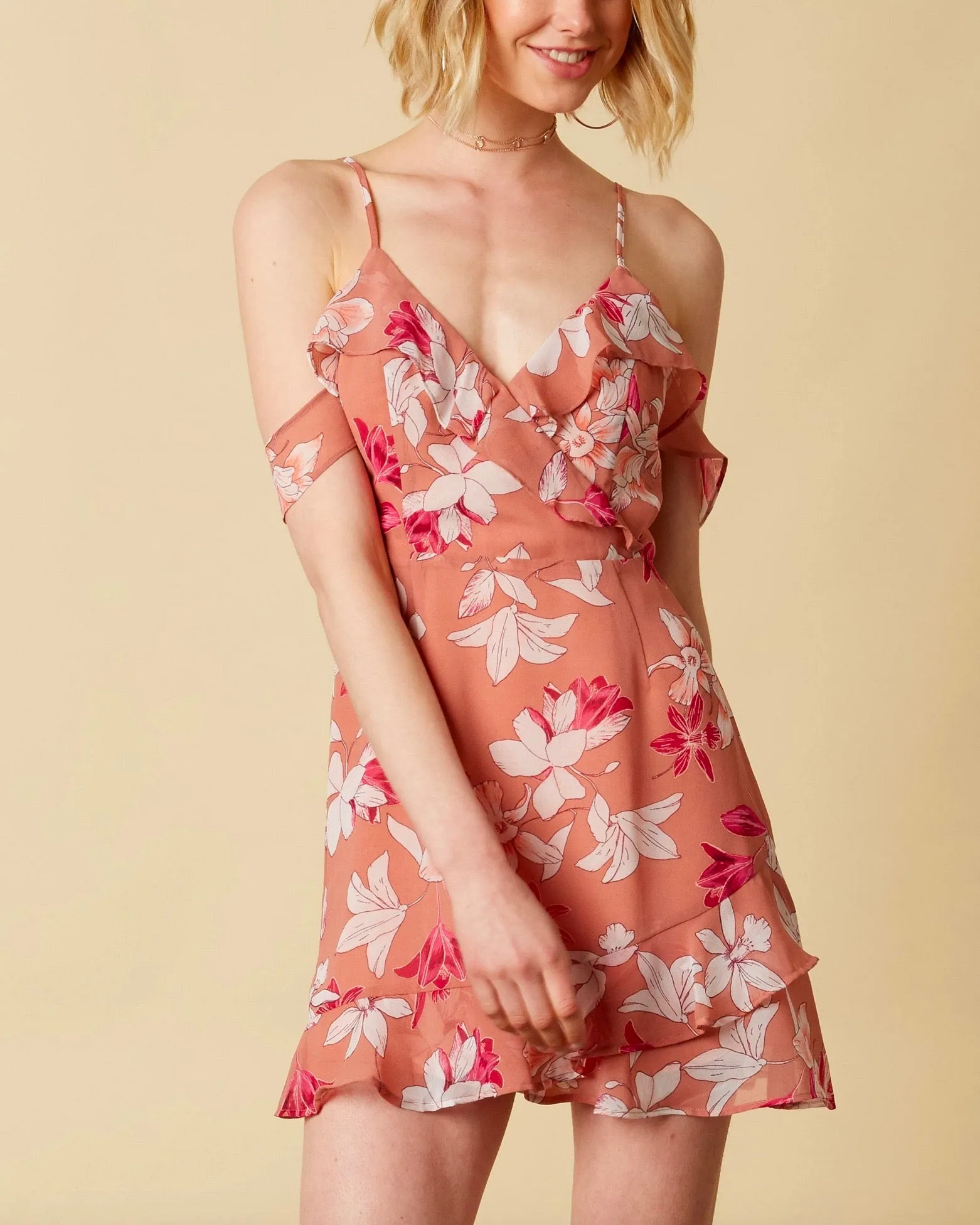 Final Sale - Cotton Candy LA - Blushing Babe Chiffon Surplice Dress - Terracotta