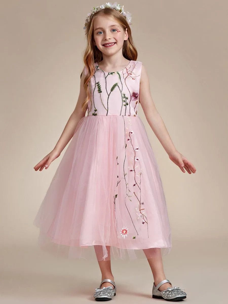 Floral Embroidered Sleeveless Flower Girl Dress with Tulle Cover