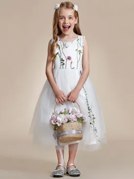 Floral Embroidered Sleeveless Flower Girl Dress with Tulle Cover