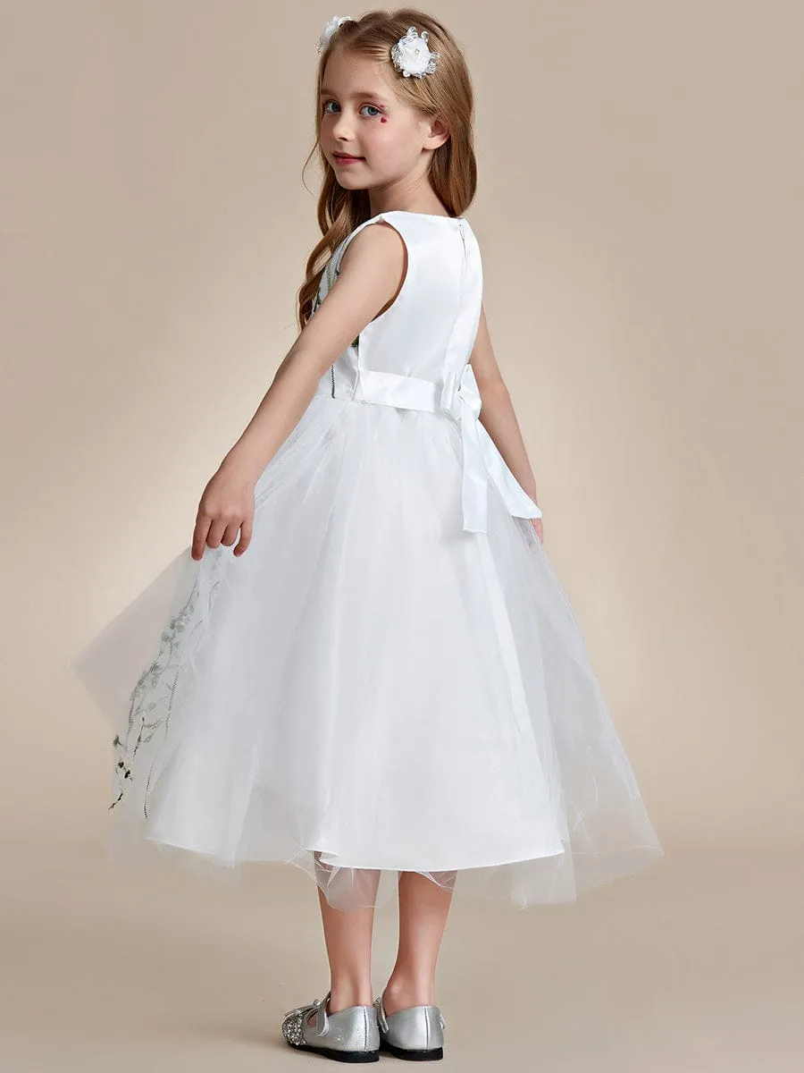 Floral Embroidered Sleeveless Flower Girl Dress with Tulle Cover