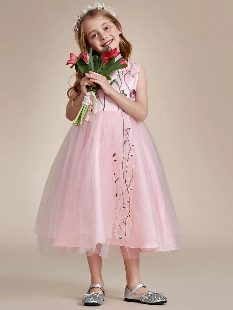 Floral Embroidered Sleeveless Flower Girl Dress with Tulle Cover