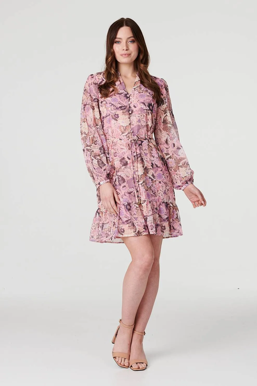 Floral Long Puff Sleeve Shirt Dress