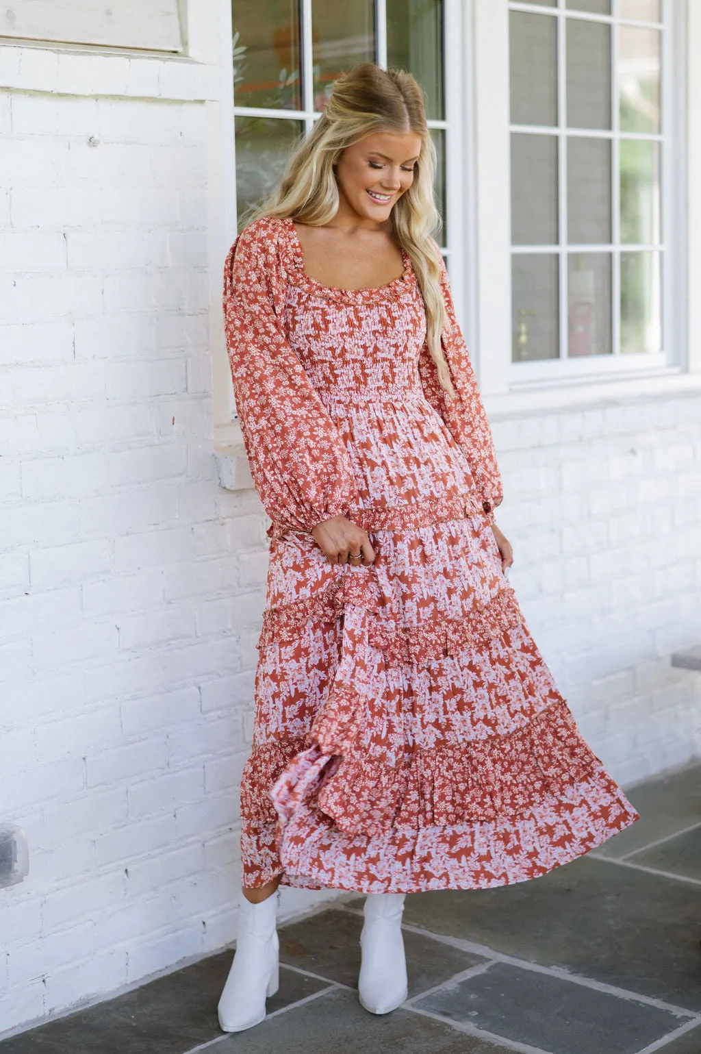 Floral Print Ruffle Maxi Dress-Rust