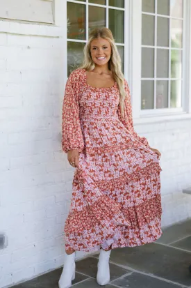 Floral Print Ruffle Maxi Dress-Rust