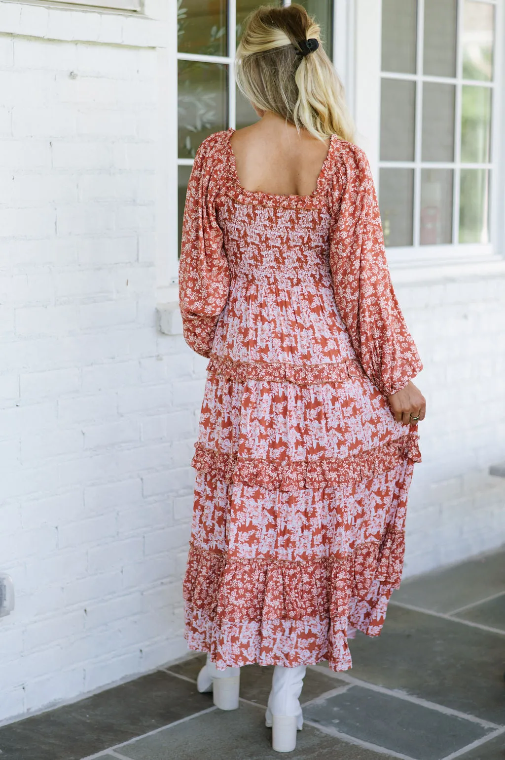 Floral Print Ruffle Maxi Dress-Rust