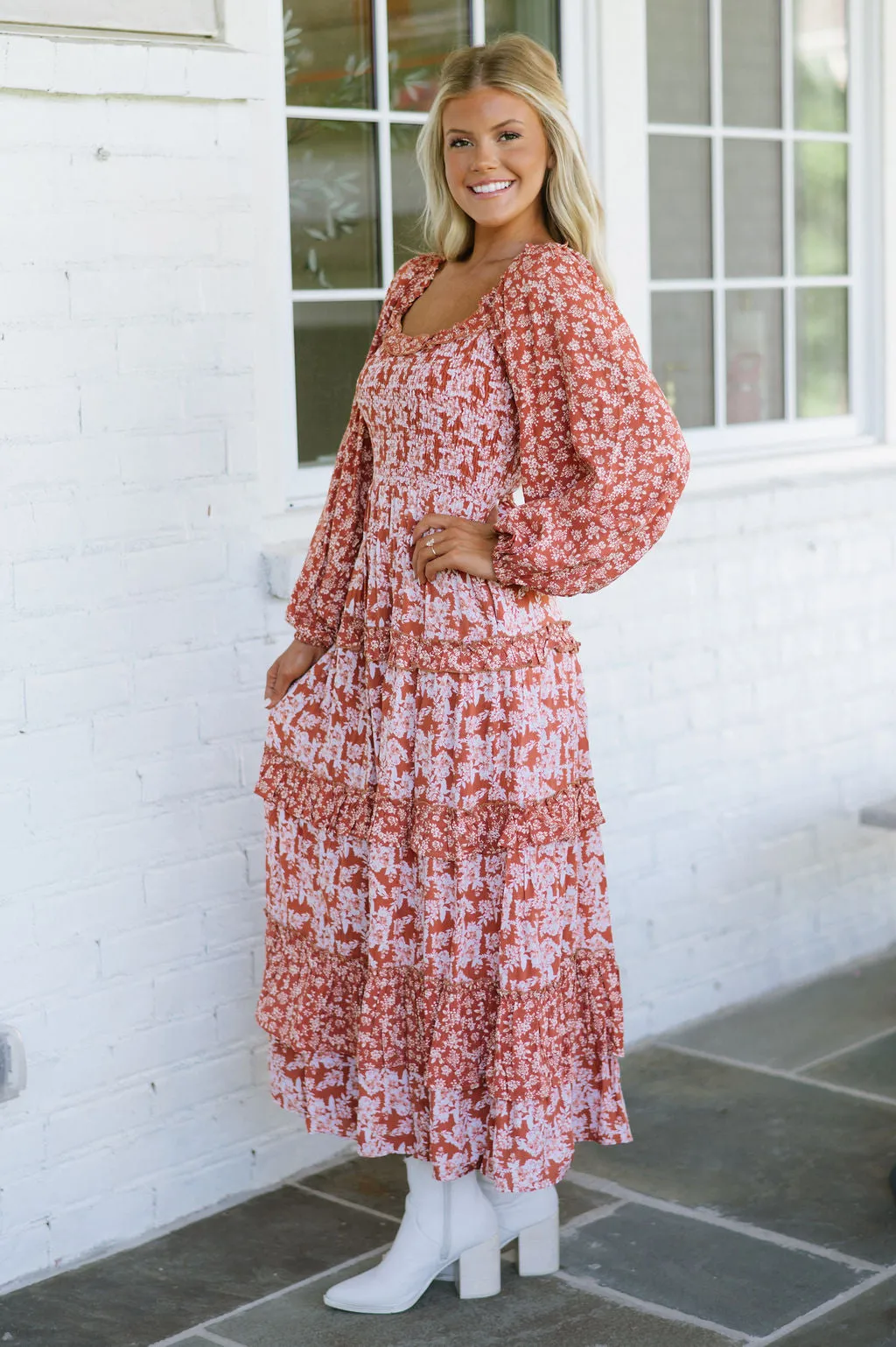 Floral Print Ruffle Maxi Dress-Rust