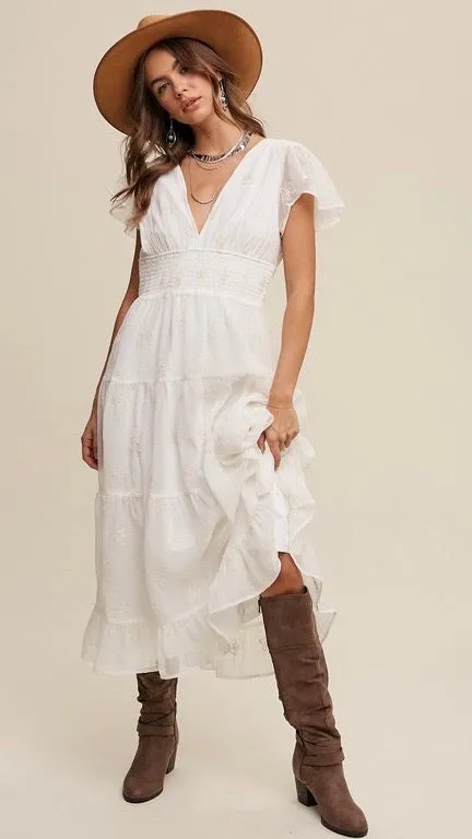 Francesca Embroidered Tulle Midi Dress Off White