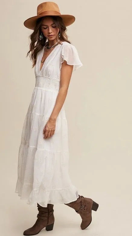 Francesca Embroidered Tulle Midi Dress Off White