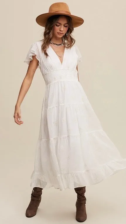 Francesca Embroidered Tulle Midi Dress Off White