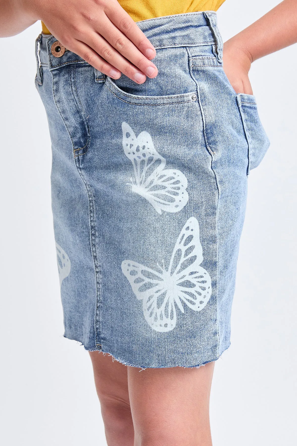 Girls Butterfly Print Raw Hem Mini Denim Skirt